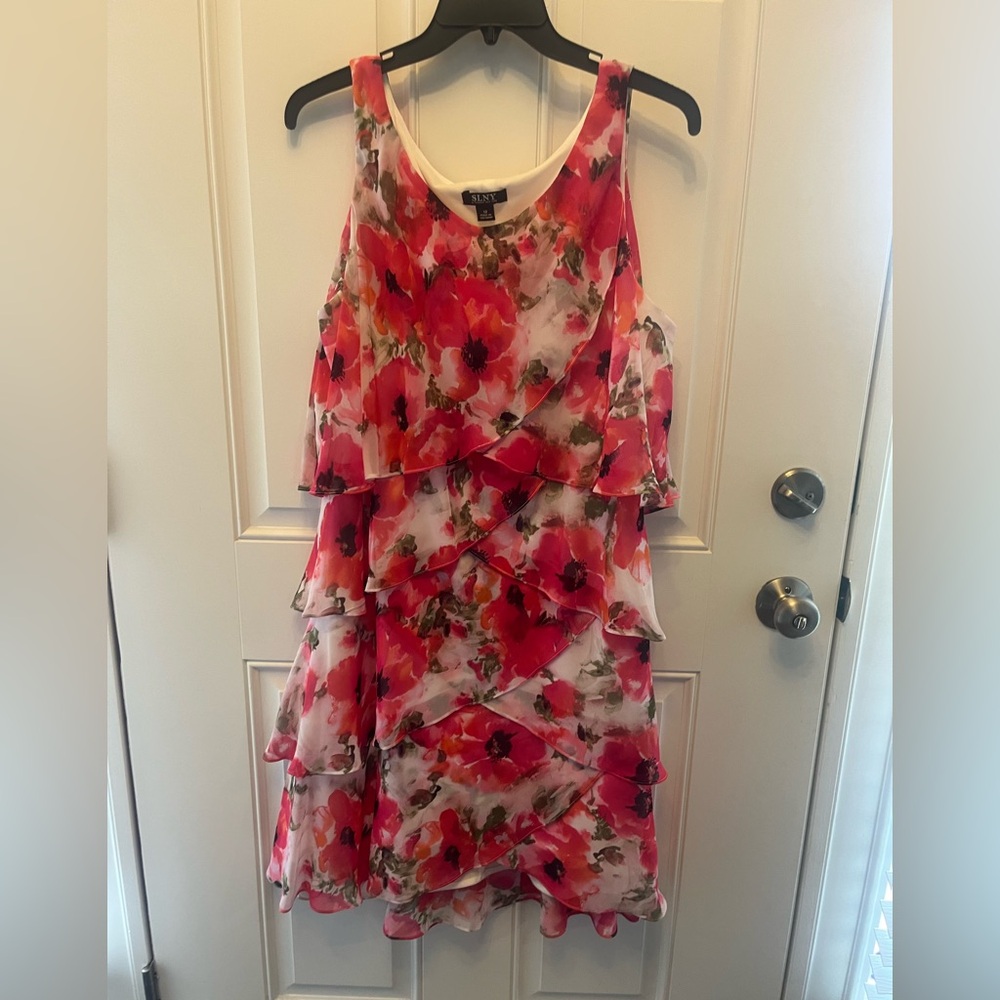 SLNY Pink Floral Tiered Ruffle Mini Dress